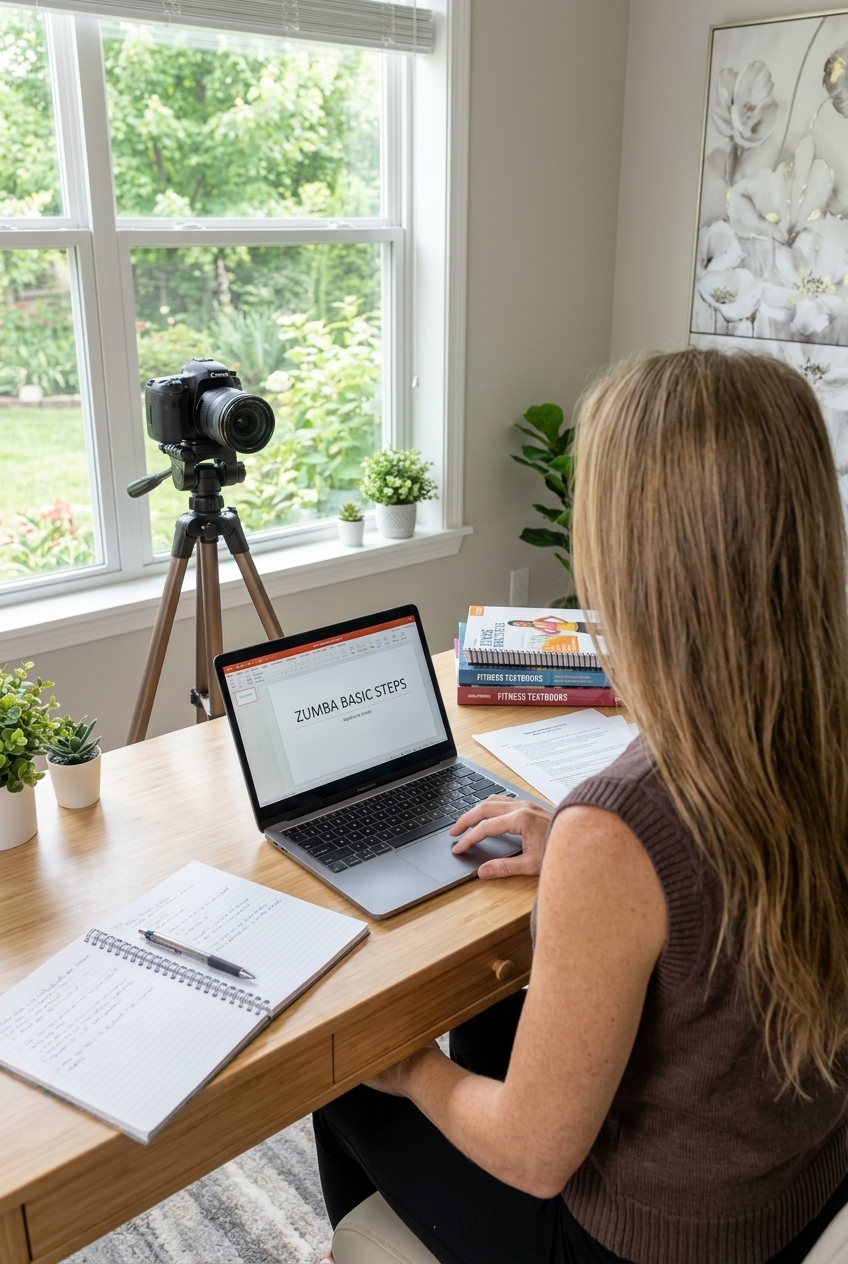 woman filming sponsored content in a home studio with a camera tripod lighting and books beside her