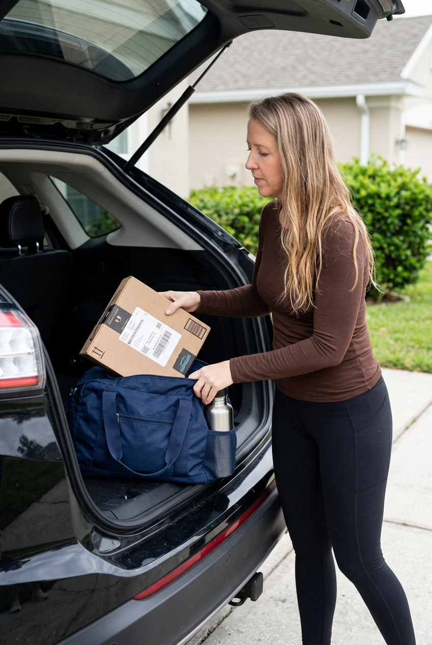 woman loading an Amazon return and workout bag into a black Ford Edge before Zumba