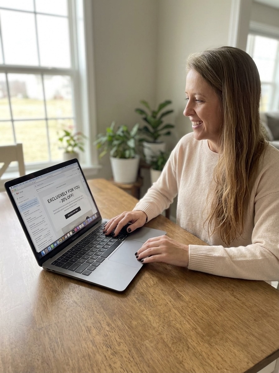 woman reviewing a discount email on her laptop at home