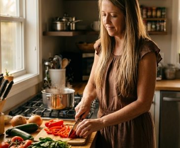 woman preparing dinner in a kitchen using natural daylight with the lights off