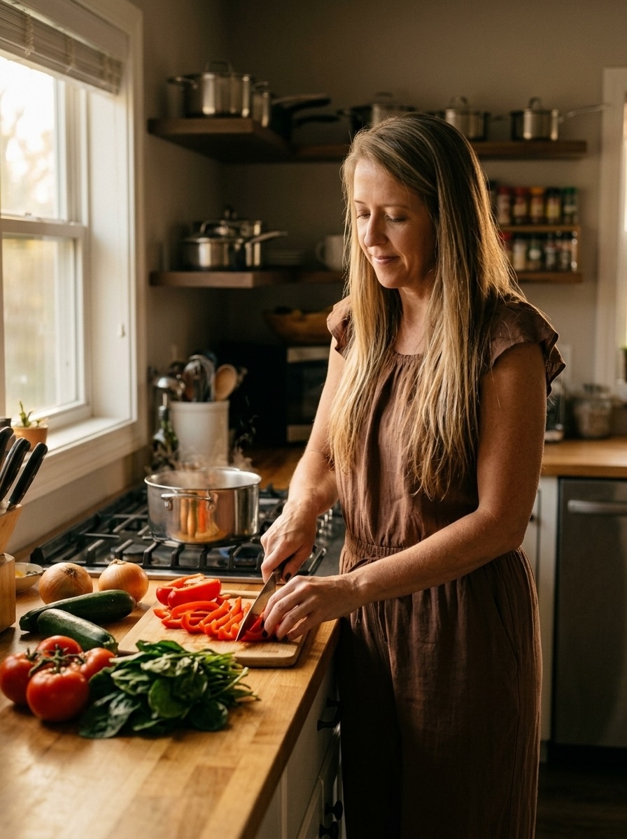 woman preparing dinner in a kitchen using natural daylight with the lights off