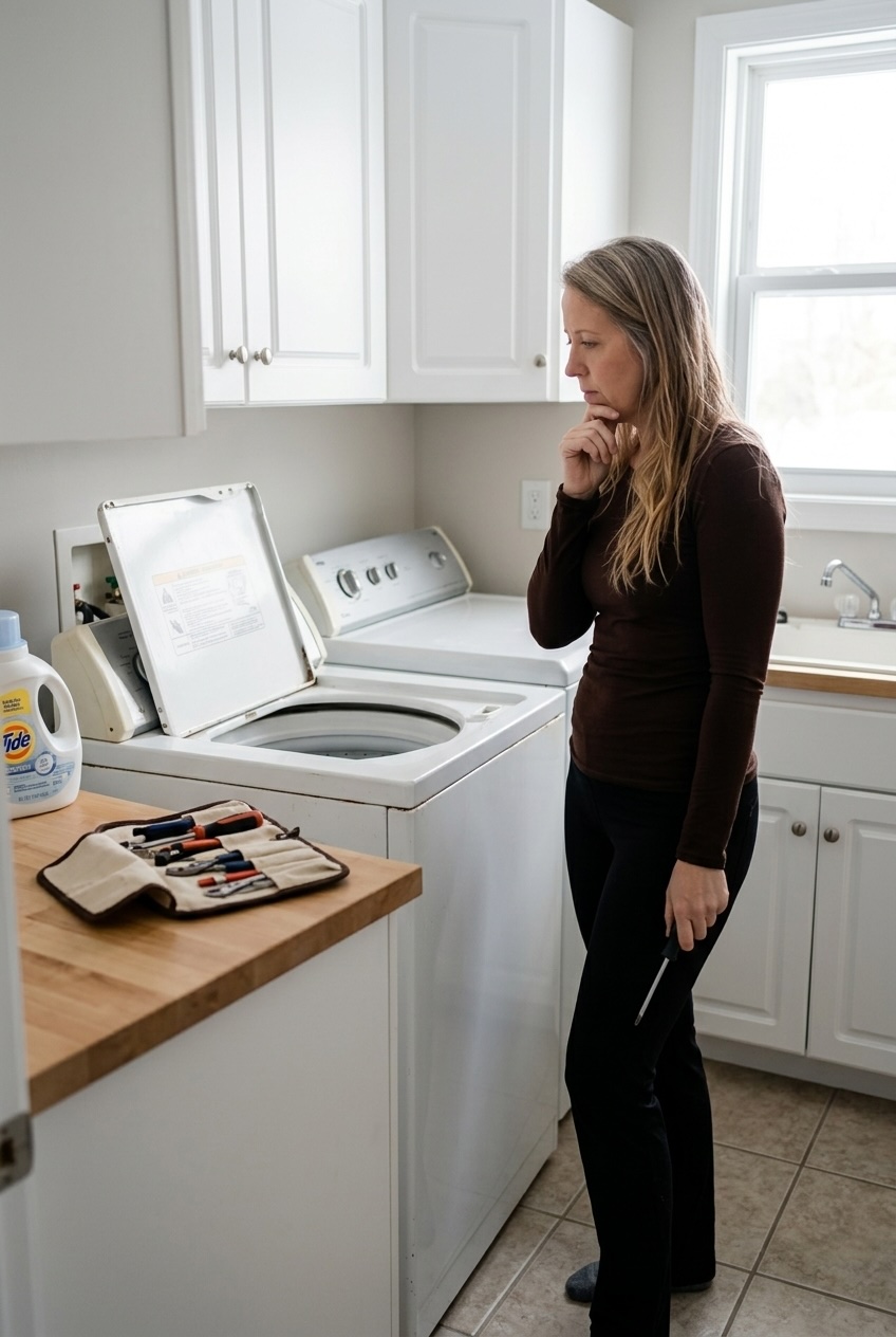 woman examining an older dryer with a small repair toolkit
