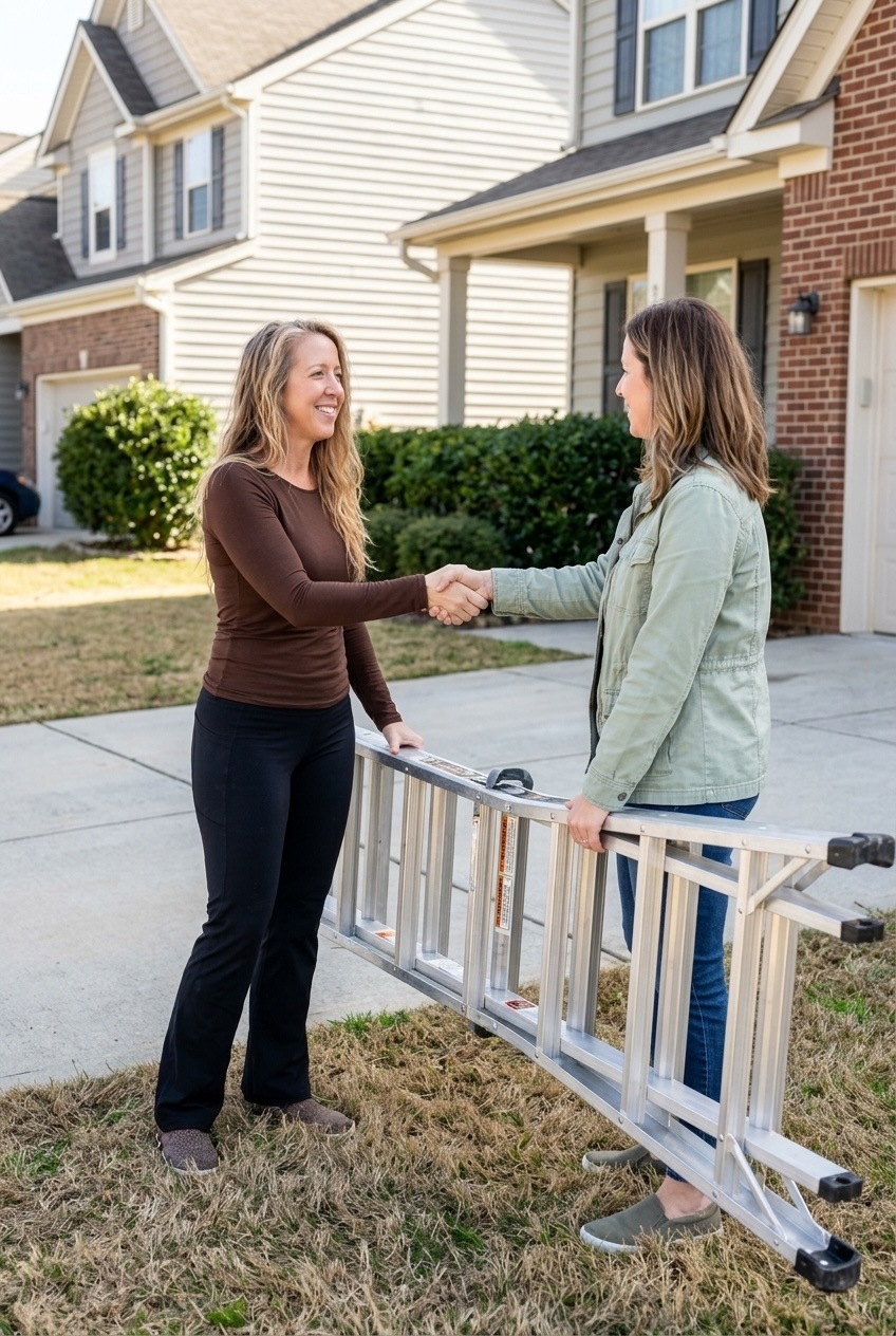 woman borrowing an extension ladder from a friend outside a house
