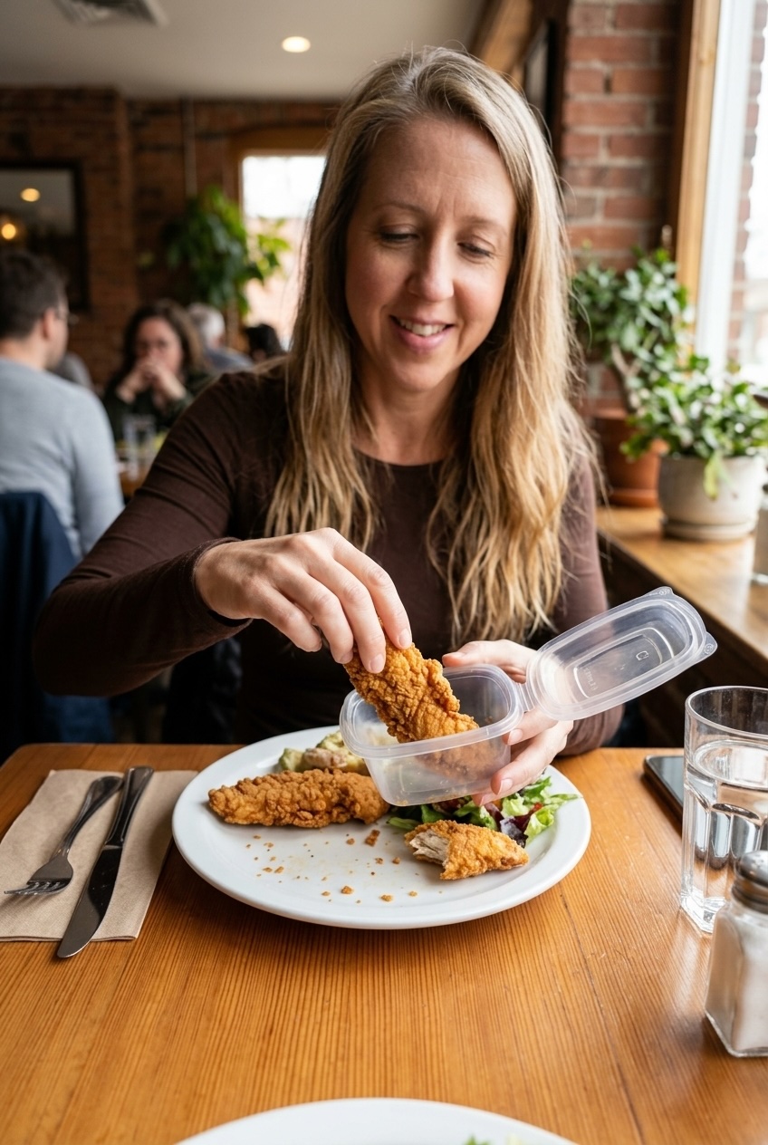 woman saving leftover chicken fingers in a takeaway container