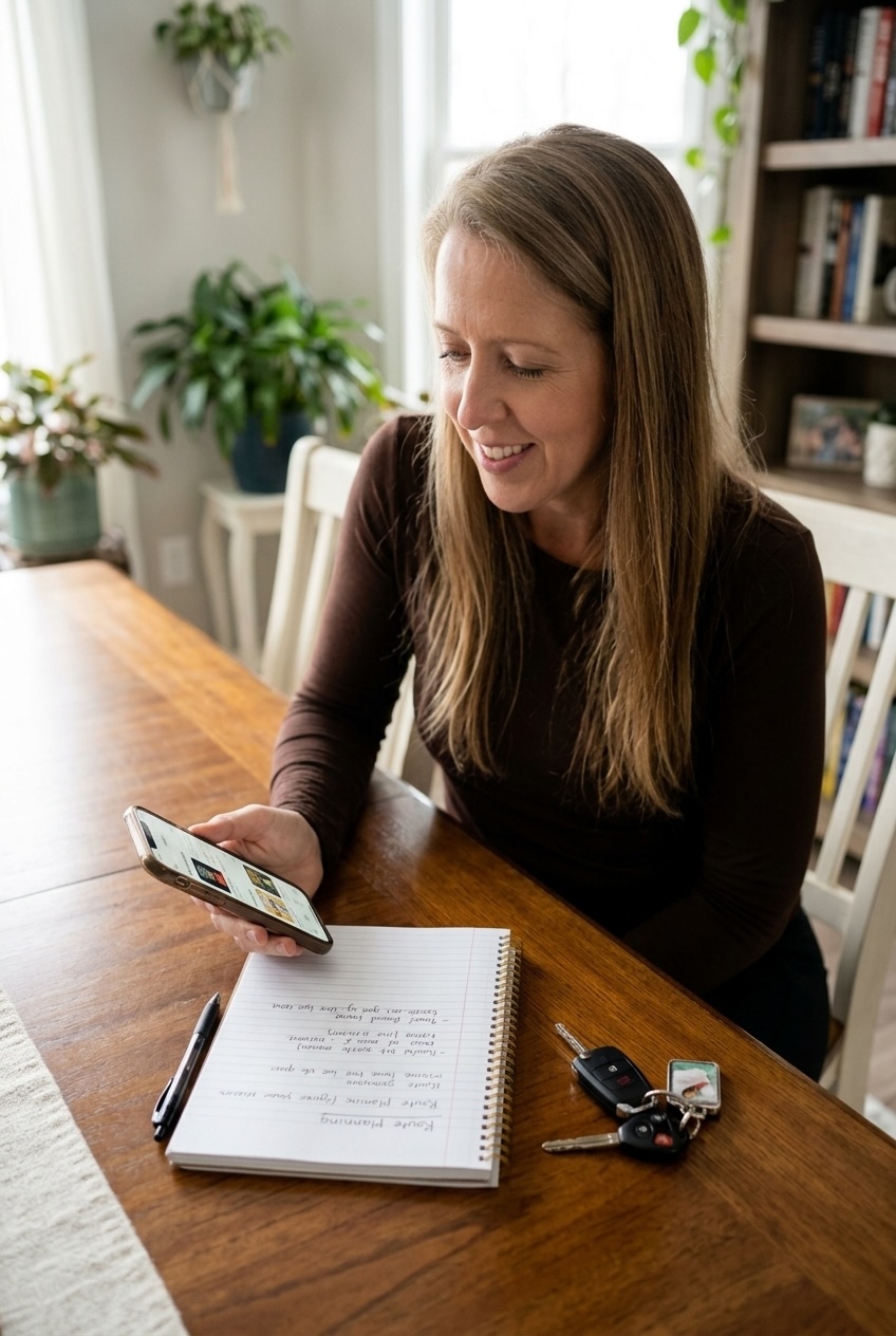 woman browsing audiobooks on her phone while planning a road trip