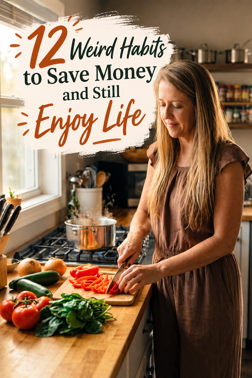 woman preparing dinner in a kitchen using natural daylight with the lights off with text overlay 12 weird habits to save money and still enjoy life