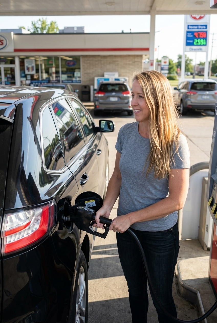 woman refueling a black Ford Edge at a gas station