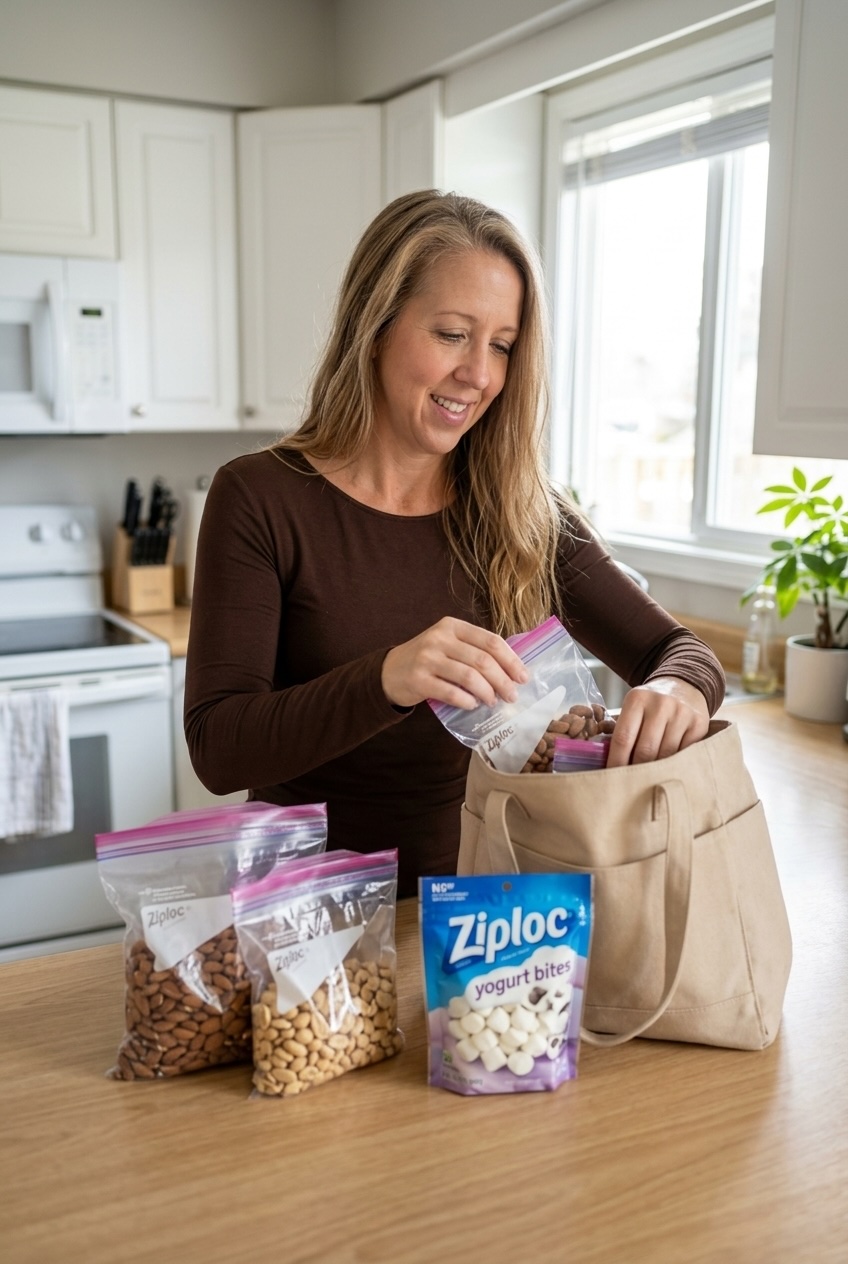 woman packing almonds peanuts and yogurt bites into snack bags