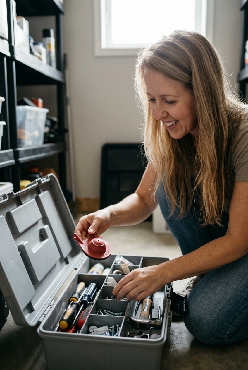 woman finding a spare toilet flapper in a household repair box