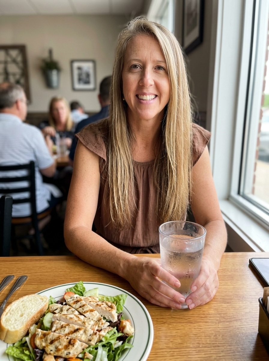 woman drinking water with a meal at a restaurant