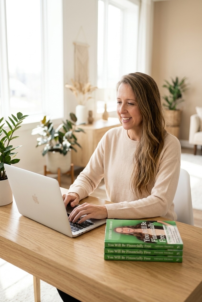 woman sitting at a home office desk with a MacBook and several books stacked beside her
