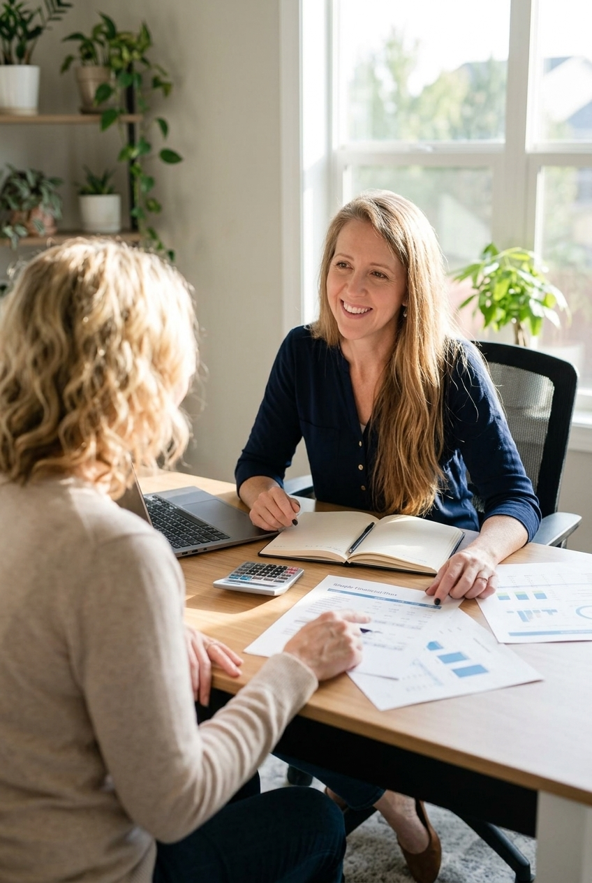 two women sitting together at a desk reviewing a financial plan with a MacBook notebook and calculator
