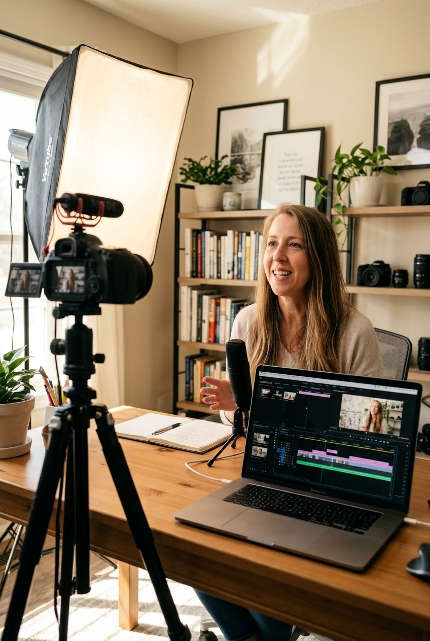 woman filming a YouTube video in a home office with a camera tripod lighting and MacBook