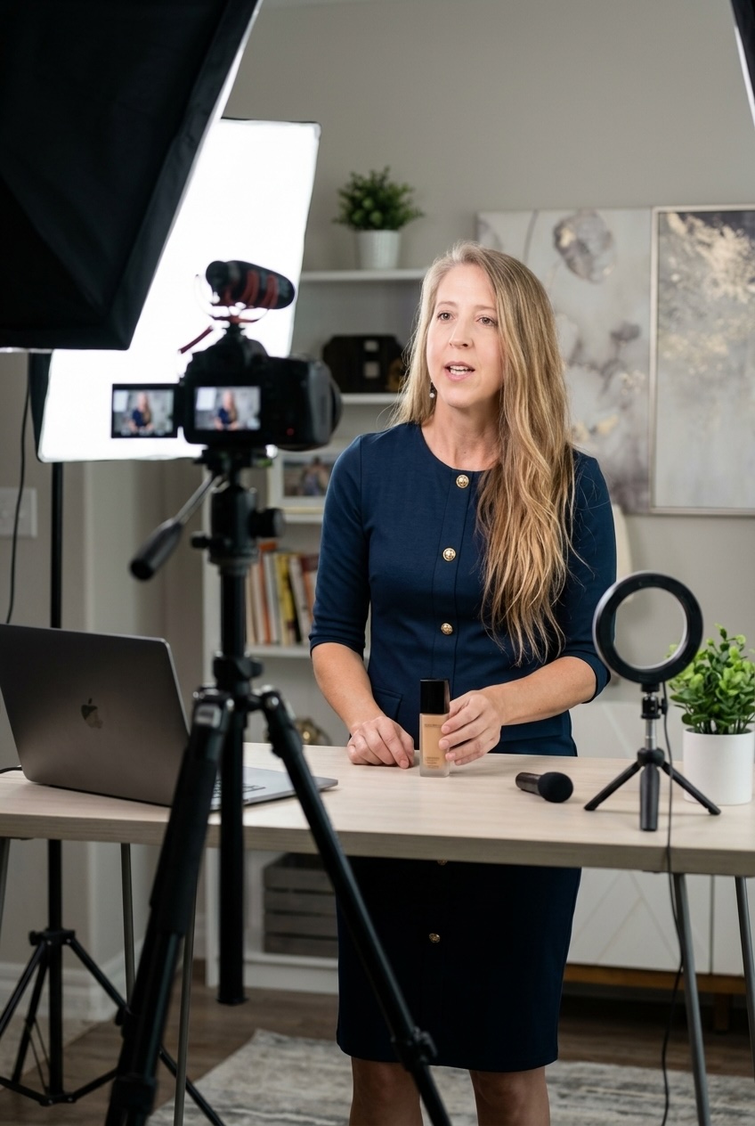 woman filming a product review video with a smartphone on a tripod and household products on a table