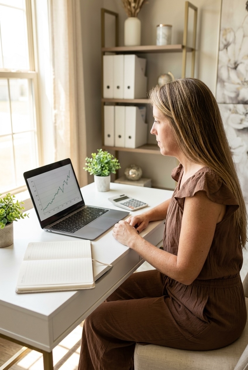 woman sitting at a home office desk reviewing a long term investment growth chart on a MacBook