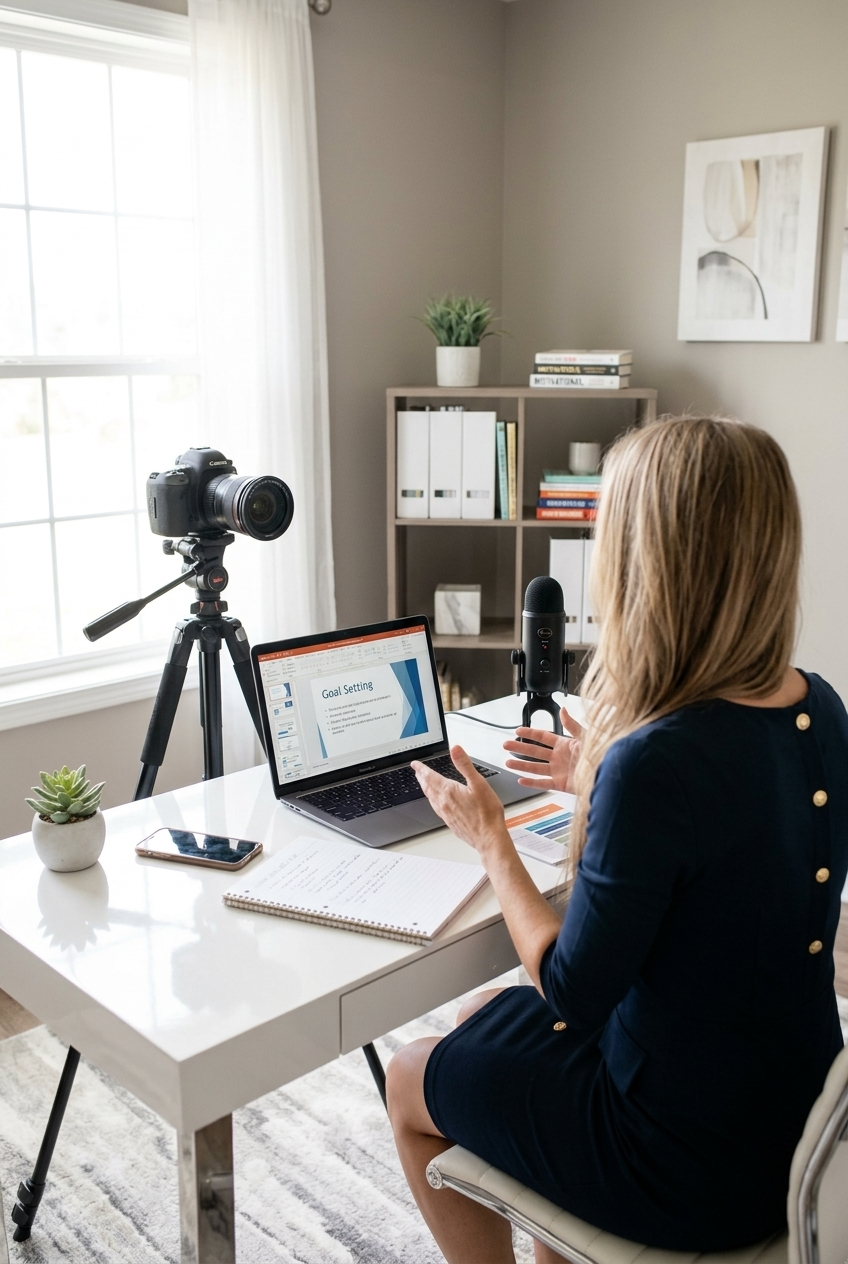 woman filming sponsored content in a home studio with a camera tripod lighting and featured product