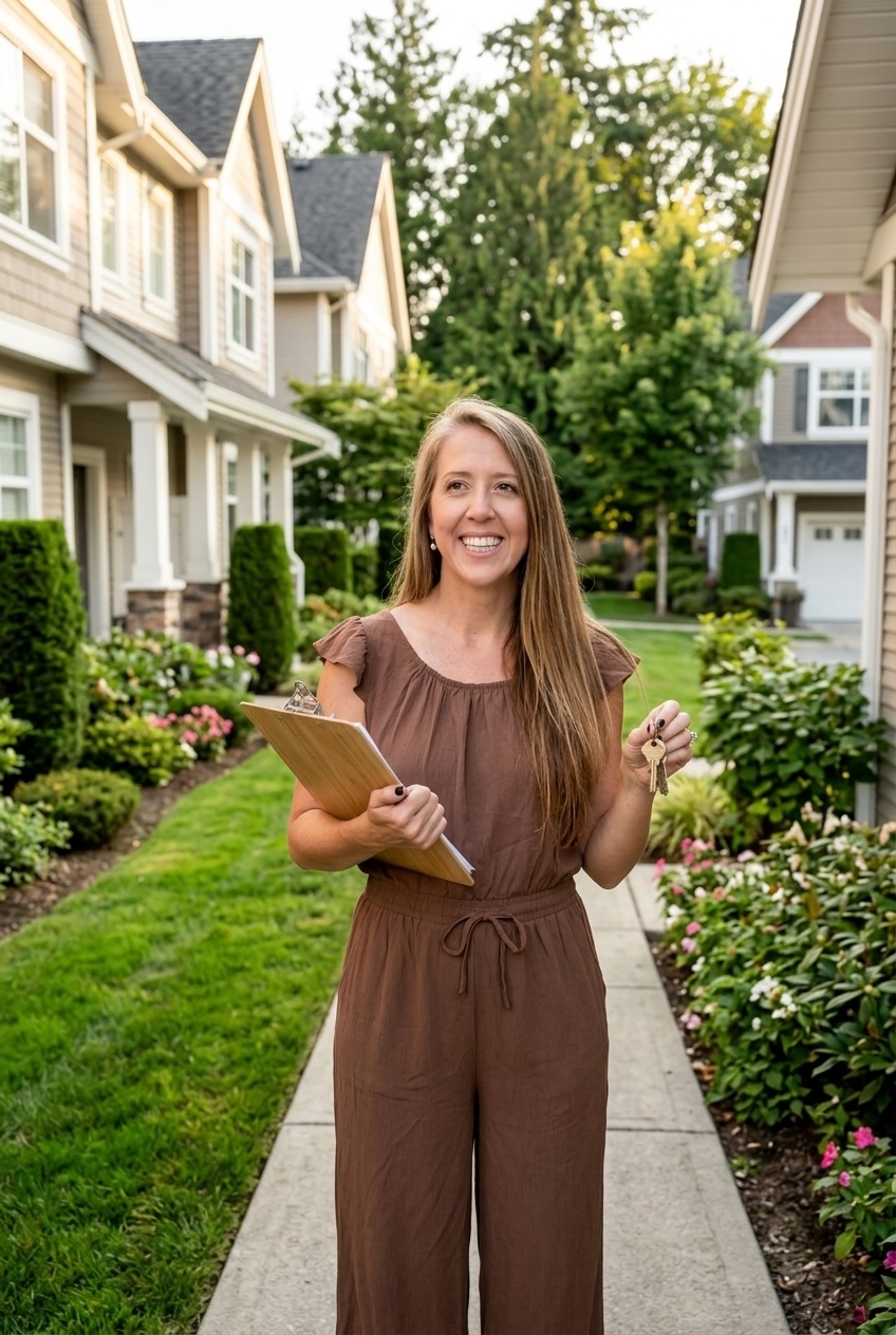 woman standing outside a rental property holding house keys and a clipboard