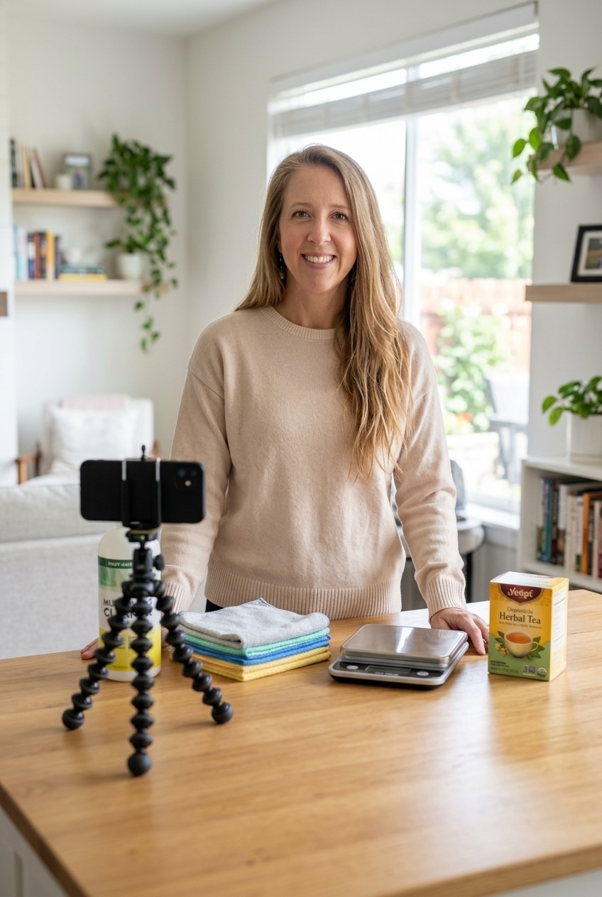 woman filming a product review video with a smartphone on a tripod and household products on a table