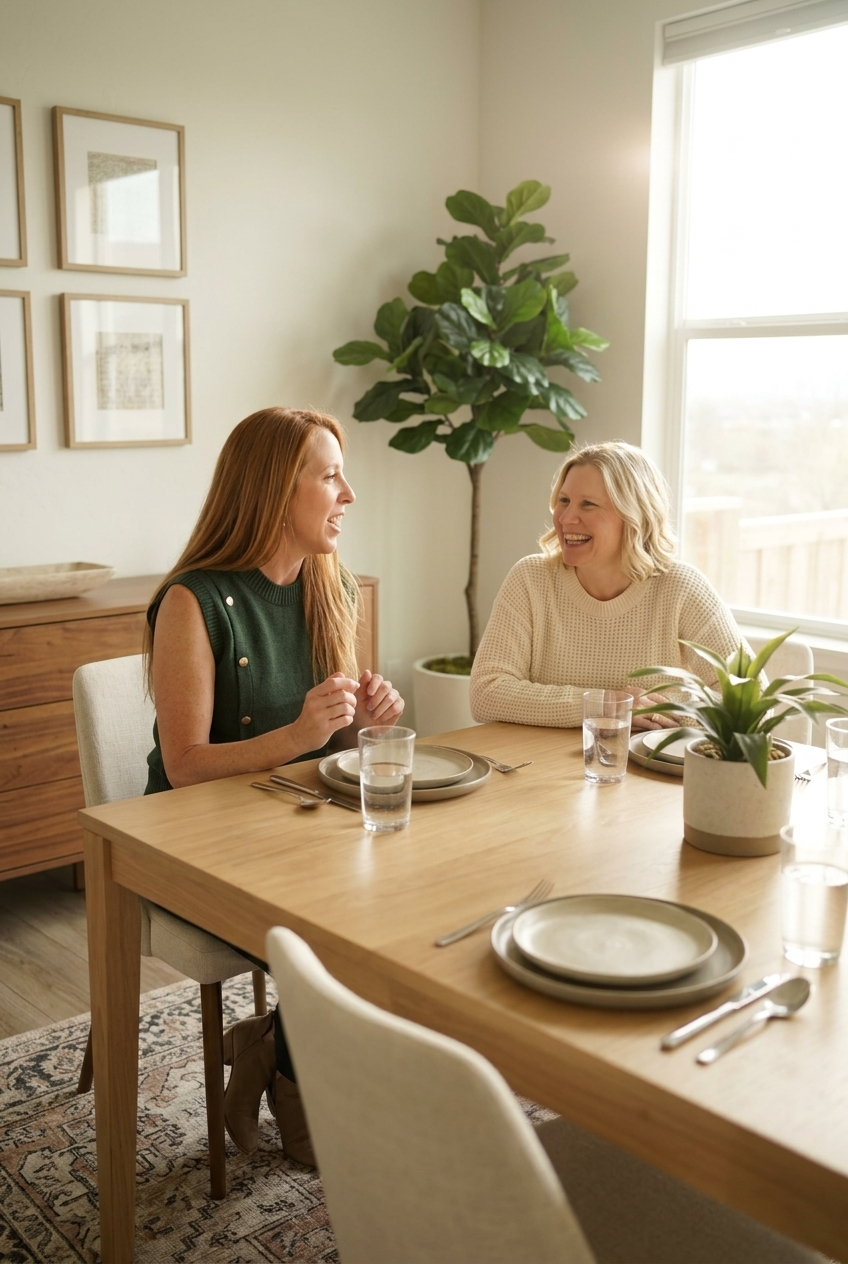 two female roommates sitting together at a dining room table talking and laughing in a bright comfortable dining room