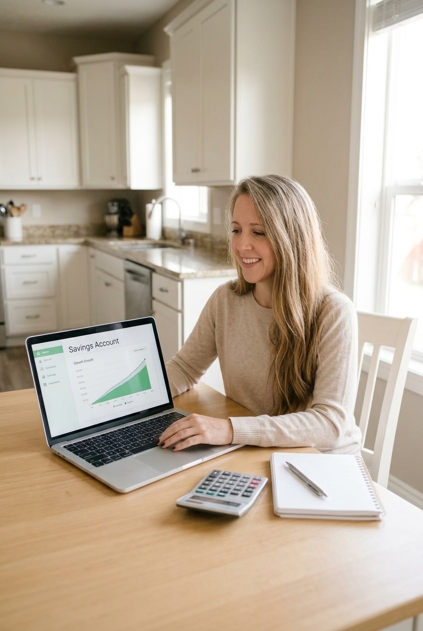 woman reviewing her high yield savings account on a MacBook at a kitchen table with a calculator and notebook