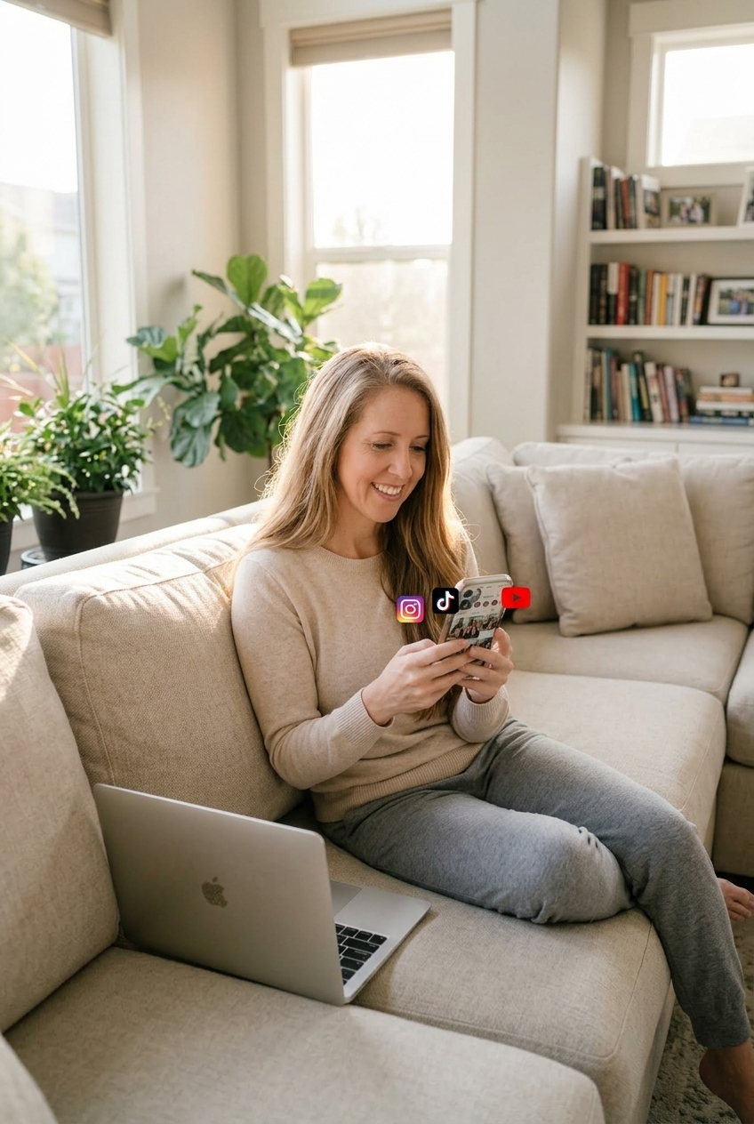 woman sitting on a sofa creating social media content on her smartphone with a MacBook beside her