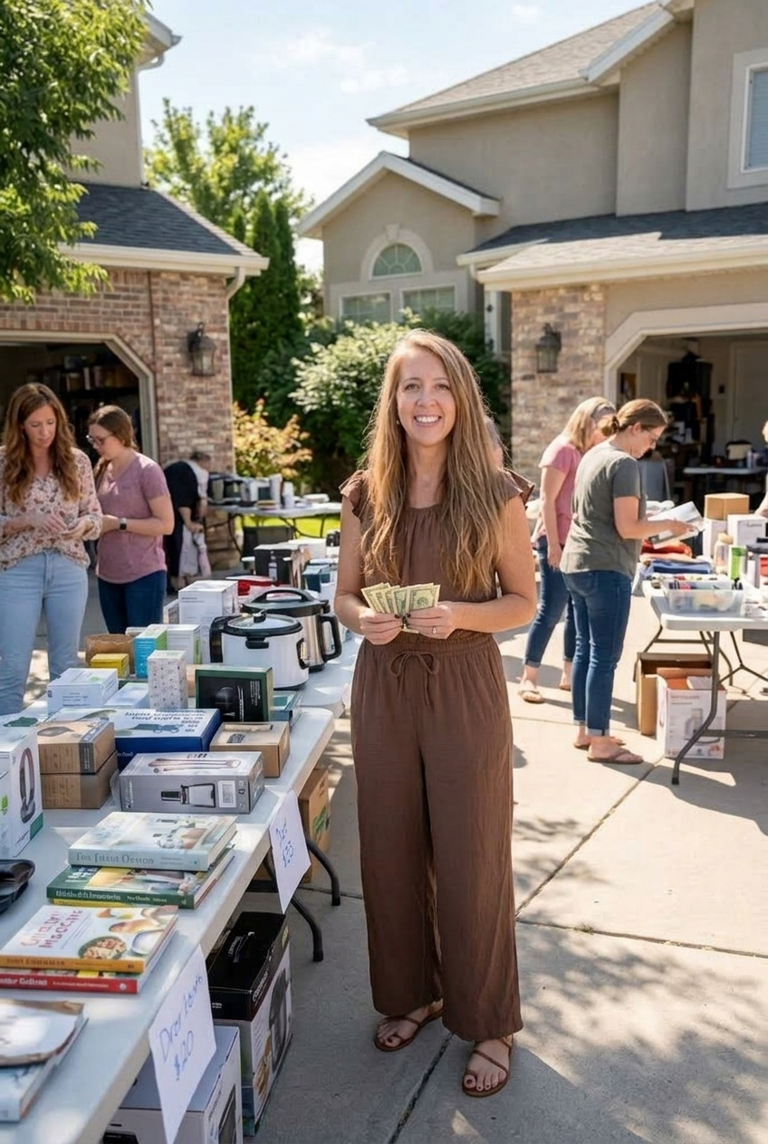 woman holding cash at an organized driveway yard sale with tables filled with household products