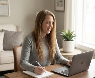 Woman in a gray sweater writing in a notebook beside an open laptop at a wooden desk near a sunny window