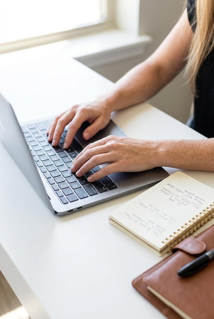 Women's hands typing on a laptop beside an open notebook and a brown planner on a white desk