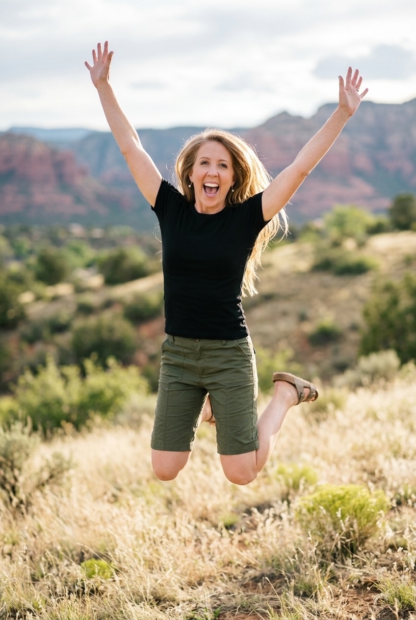 Woman in a black shirt and green shorts jumping with her arms raised in a grassy landscape with red rock mountains behind her