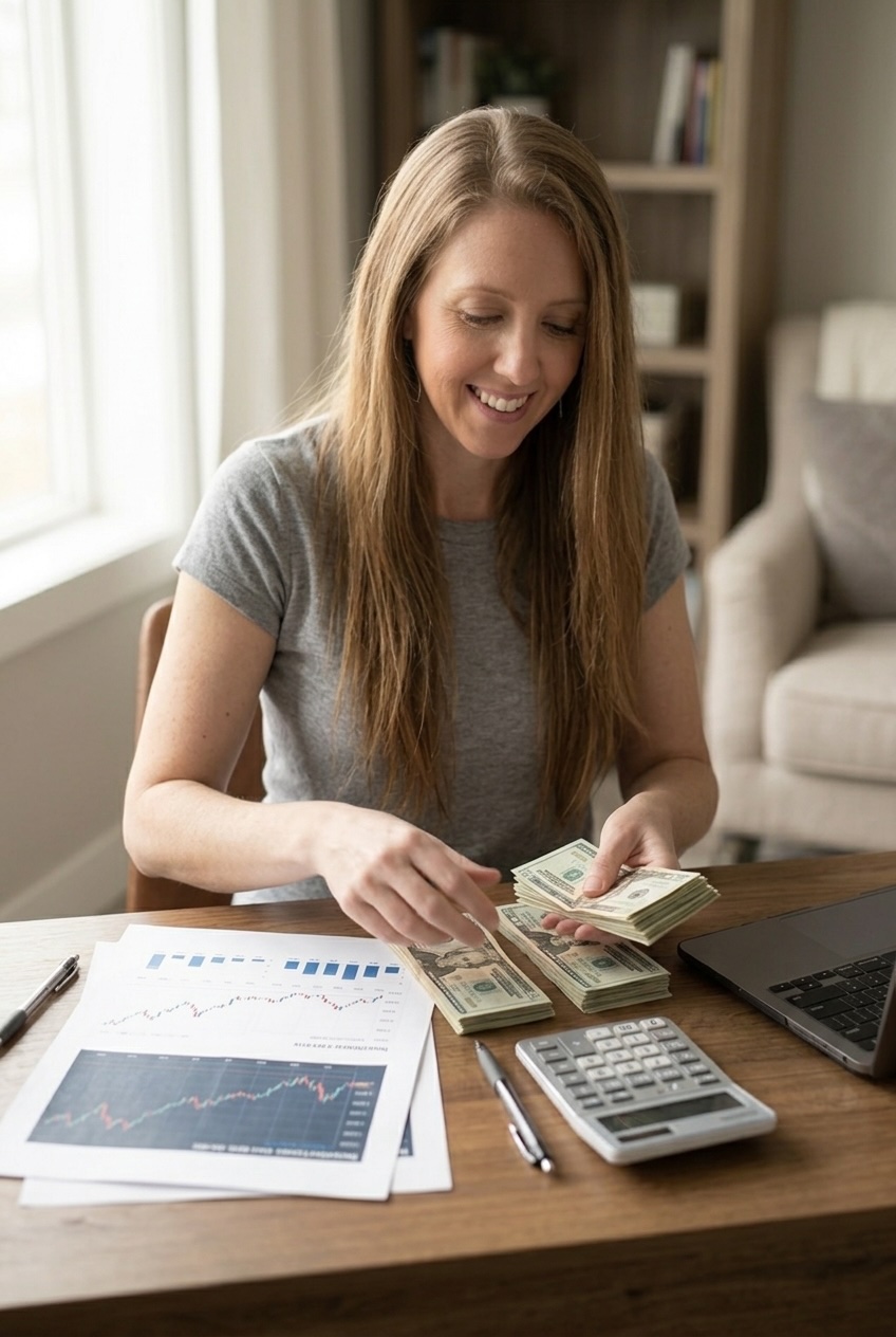 Woman counting cash at a wooden desk with financial charts a calculator and a laptop nearby