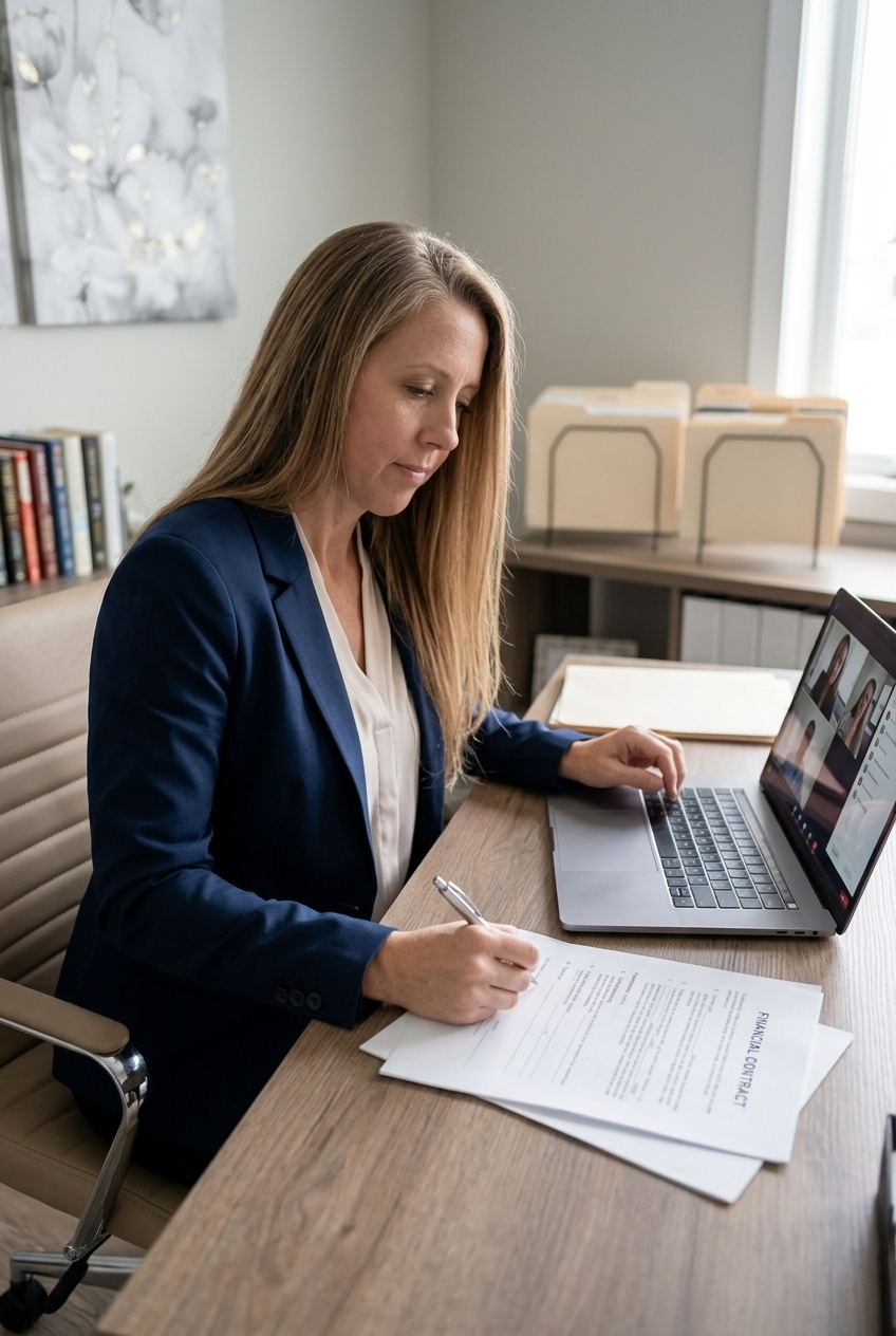 Woman in a navy blazer writing on paperwork beside an open laptop at a wooden desk in a home office