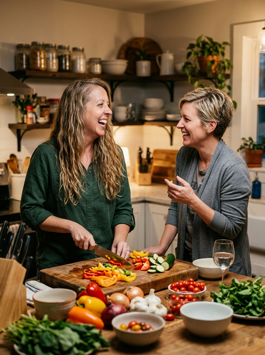 Two women making dinner together in home kitchen