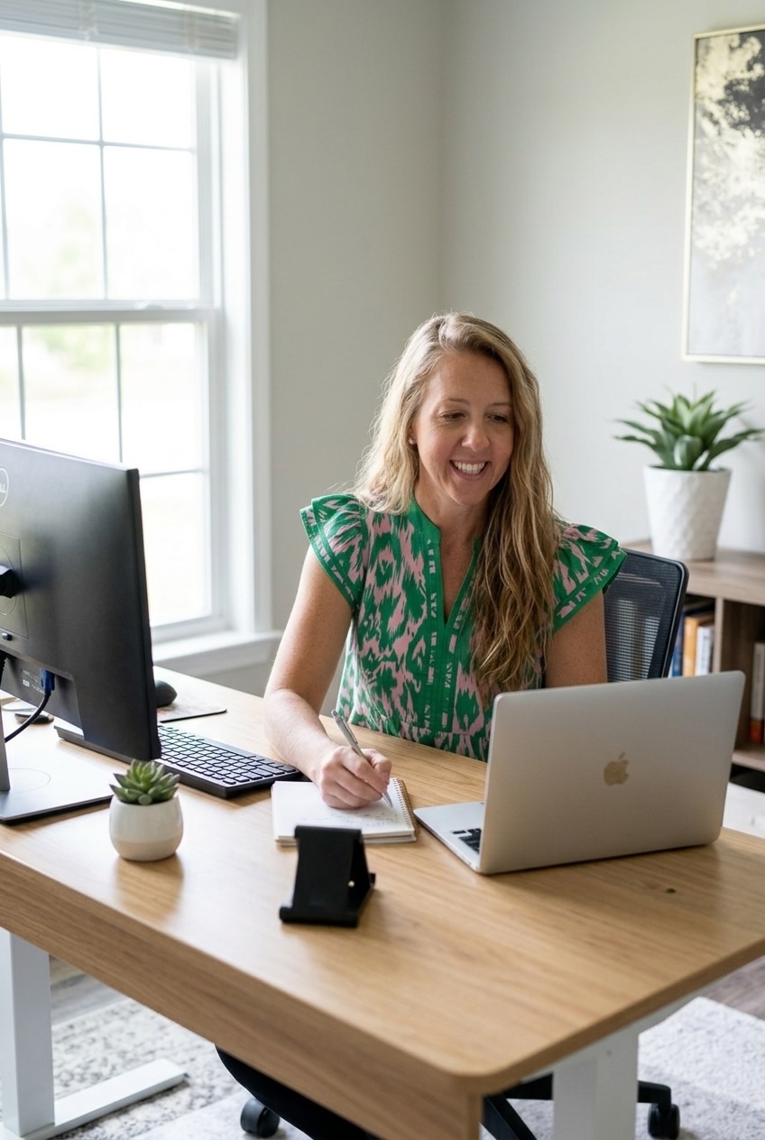 Woman in a green patterned blouse writing in a notebook beside a laptop at a wooden desk in a bright home office