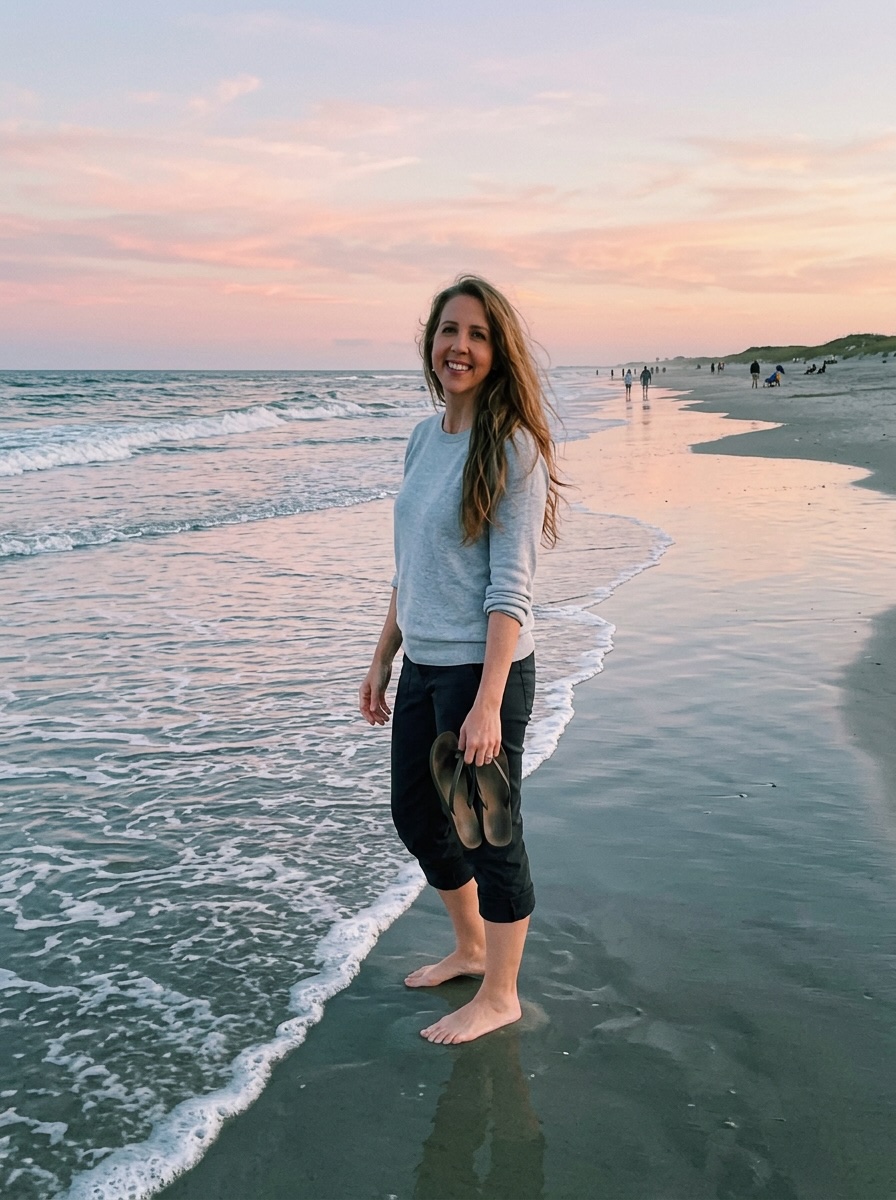Woman in a gray sweater and black pants standing barefoot at the shoreline at sunset while holding her sandals