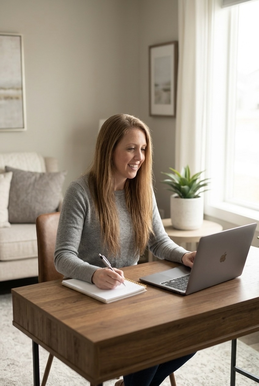 Woman in a gray sweater writing in a notebook beside an open laptop at a wooden desk near a sunny window