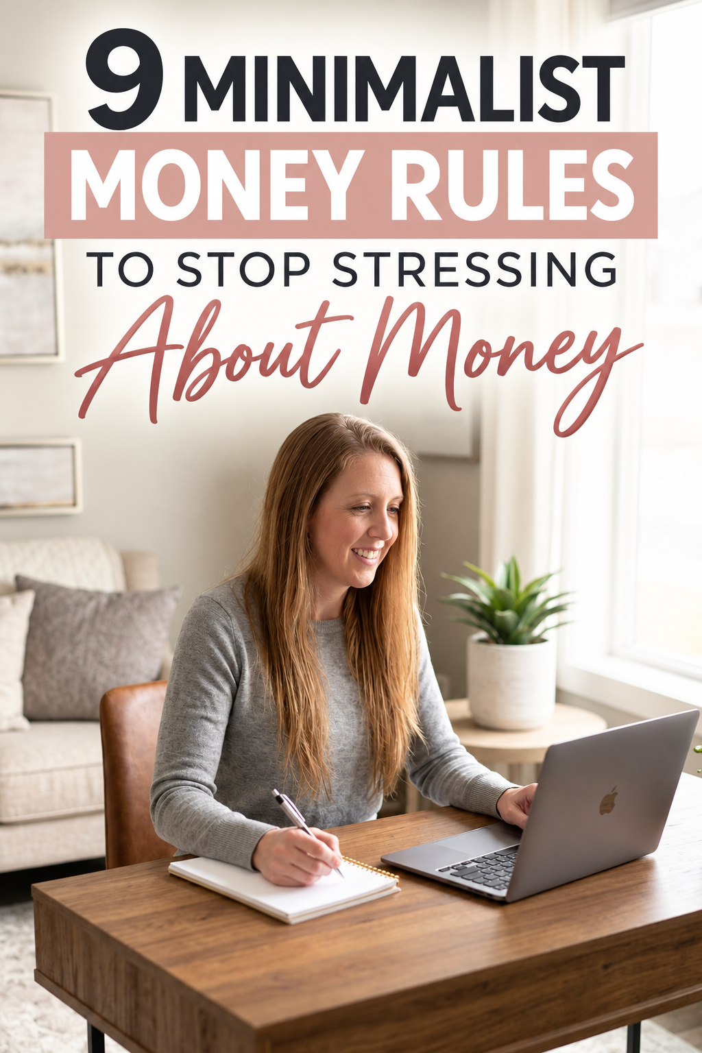 Woman in a gray sweater writing in a notebook beside an open laptop at a wooden desk near a sunny window with text overlay 9 minimalist money rules to stop stressing about money